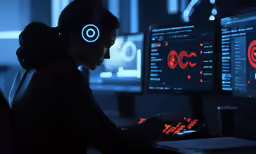 a person sitting at a desk with a pair of headphones