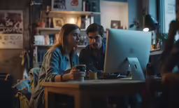 a man and woman sitting at a table looking at an iphone