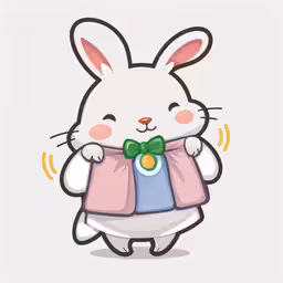 a white rabbit with a green bow and a shirt