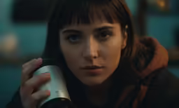 a woman holding onto a metal mug in the dark
