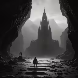 a man walking into a giant cave to view a castle