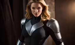a woman dressed in a black and silver suit