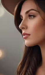 a woman with large lashes and a hat