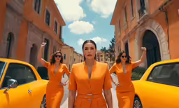 a woman in an orange outfit standing by some yellow cars