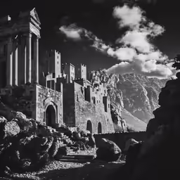 a castle with pillars and arches against the rocky landscape