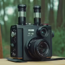 an old - fashioned camera is on a wooden table
