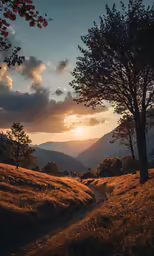sunset on a grassy hill with trees in foreground