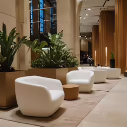 some white chairs sitting on some beige walls