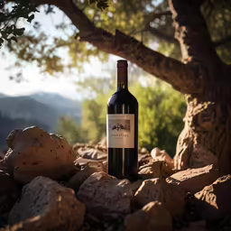 the bottle of wine has been placed in the rocky area