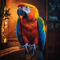 brightly colored parrot sitting on branch next to window