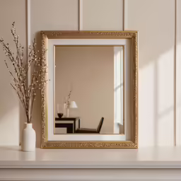 a mirror hangs above a mantel with decorative vases
