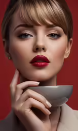 a woman with red lipstick and silver jewelry