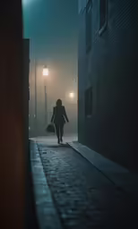 a person walking down a street at night