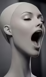 a woman with an open mouth in black and white