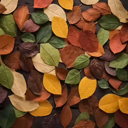 many colors of leaves lie together on the ground