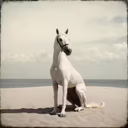 a white horse standing on top of a sandy beach