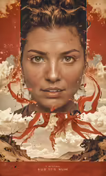 a woman in the sky looking into the camera