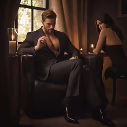a man sitting next to a woman on a chair