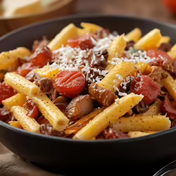 a bowl of pasta with beef, tomatoes and sauce