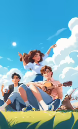 some people sit together in the grass with a sky background