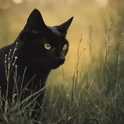 a black cat with a yellow eye sits in tall grass