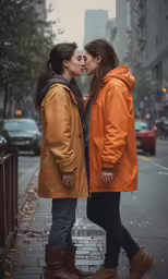 two women are kissing while standing on the sidewalk