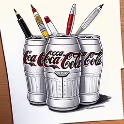 a drawing of two cans filled with pencils,the drawing shows two soda cans with pens and markers