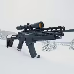 a rifle in the snow with an orange light