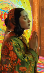 an oriental woman praying with a bright background