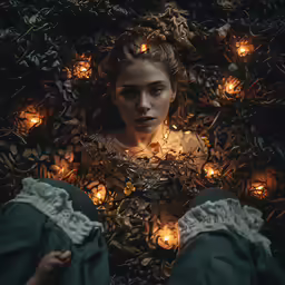 the woman is surrounded by many lights in this image
