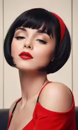 a woman with dark hair, wearing a red dress and a red headband