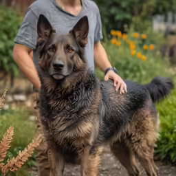 a man is petting his german shepard dog