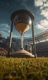 a large glass clock sits on grass in front of a stadium