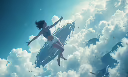 a person floating in the air above a cloud filled sky