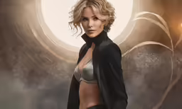 a woman with no shirt in a room with lights