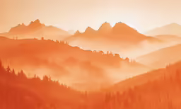 an orange and yellow photo with trees on the bottom and fog over them