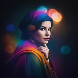 a woman wearing a multi colored scarf and a scarf around her neck