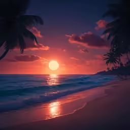 a sunset over the ocean and palm trees on a sandy beach