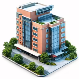 a building with an air vent, trees and grass on top
