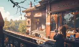woman at outdoor cafe taking picture of landscape