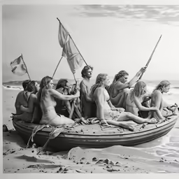 the group is sitting in a boat on the beach