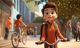 a cartoon character with a backpack on, and holding a bike