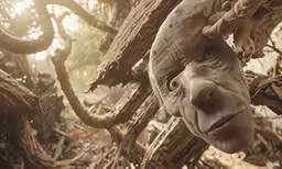 an animal that is wearing a fake head in the woods