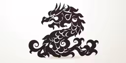 a stylized black dragon with intricate designs,a black dragon paper cut out on a white background