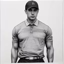 a black and white photo of a man wearing a hat
