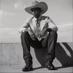 a man wearing a cowboy hat sitting on a cement wall