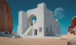 a house in the desert that has a spiral staircase going up to it