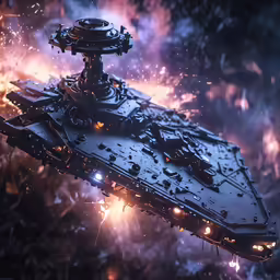 an alien war ship surrounded by red and purple fireworks
