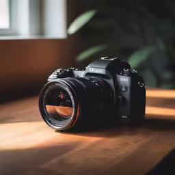 a camera sitting on top of a wooden table
