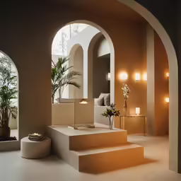 a set of stairs leading to a seating area